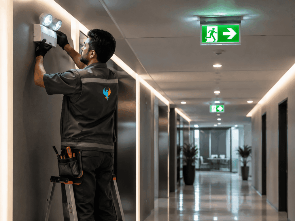 Technician installing an emergency light in a modern Dubai office corridor