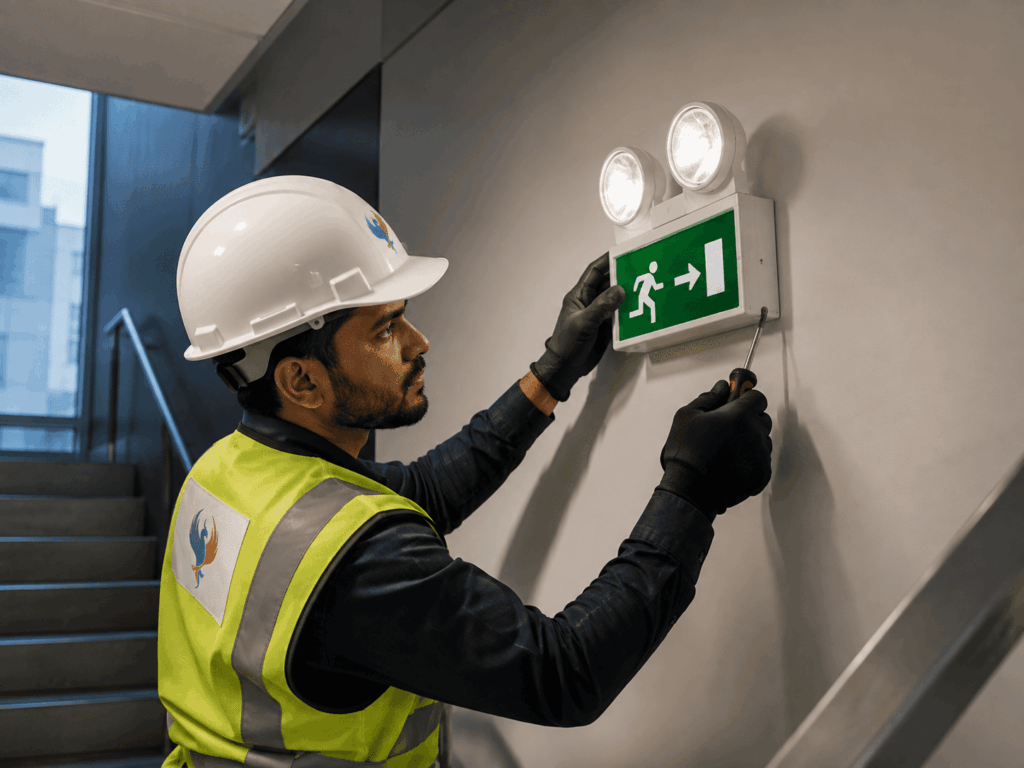 Emergency exit sign and backup light installation beside a building staircase