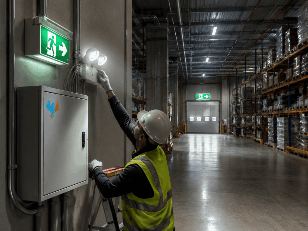 Technician inspecting emergency lighting equipment inside a commercial warehouse