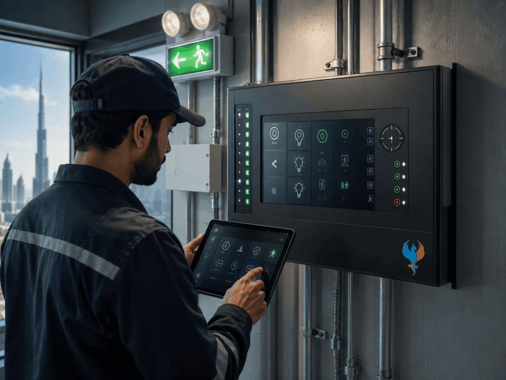 Technician monitoring a smart emergency lighting control panel in Dubai
