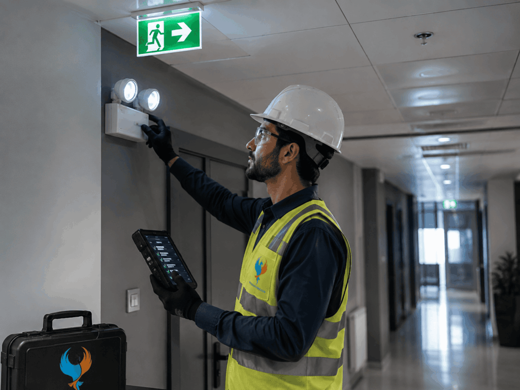 Emergency lighting testing in a commercial building corridor using a diagnostic tablet