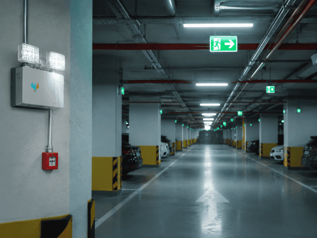 Emergency lights and illuminated exit signs in a basement car park