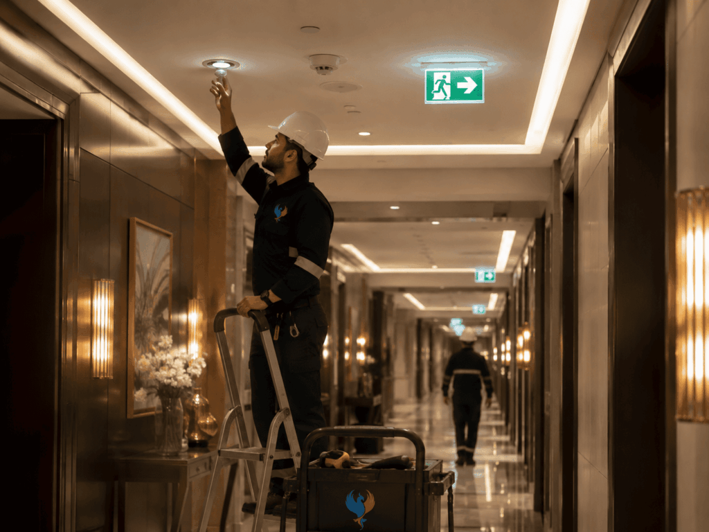 Technician testing a ceiling-mounted emergency light in a hotel corridor