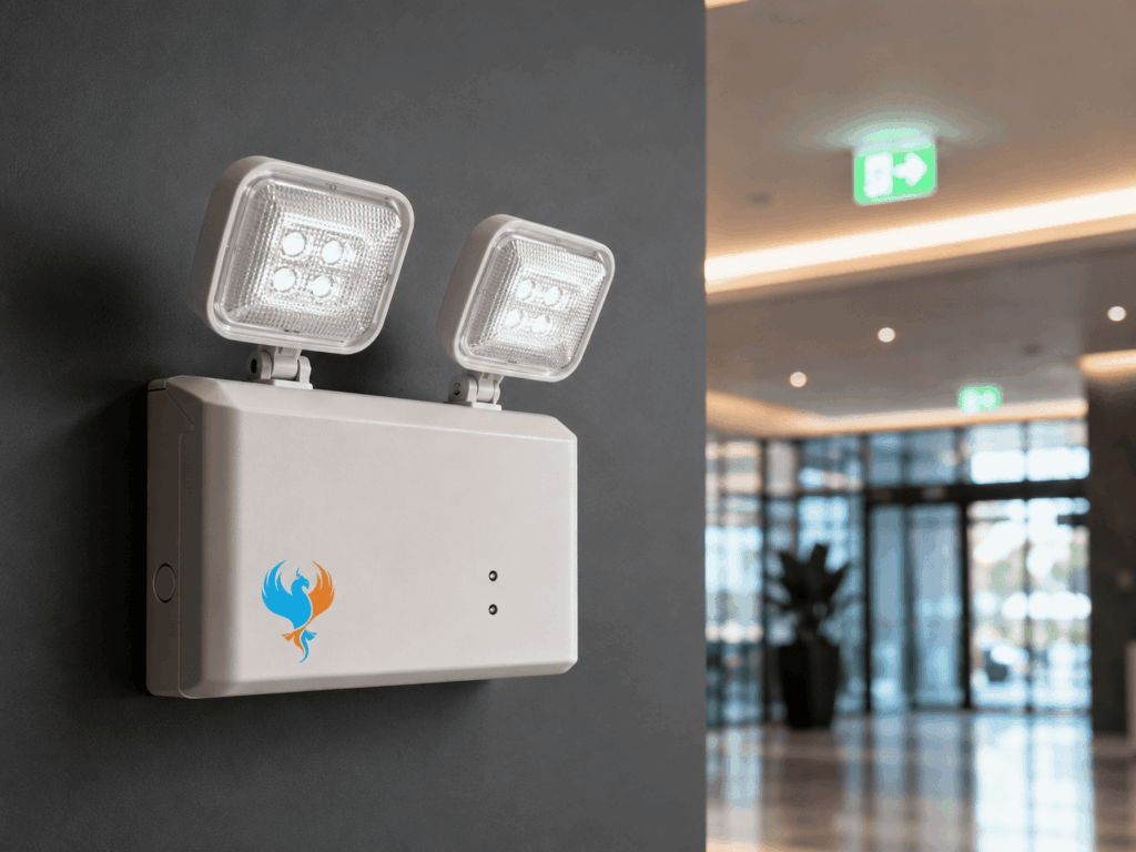 Wall-mounted twin-head emergency light installed in a modern building lobby