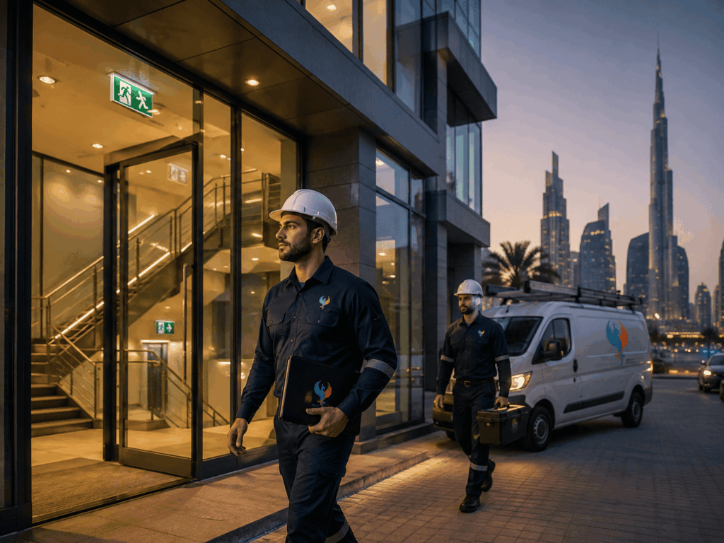 Emergency lighting installation team arriving at a commercial building in Dubai