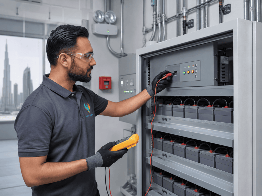 Technician testing a central battery emergency lighting cabinet with a multimeter
