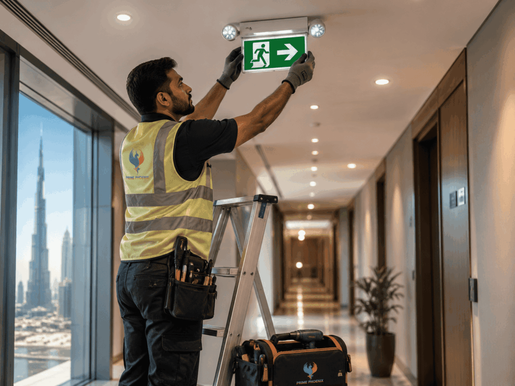 Technician installing an illuminated emergency exit sign in a Dubai office