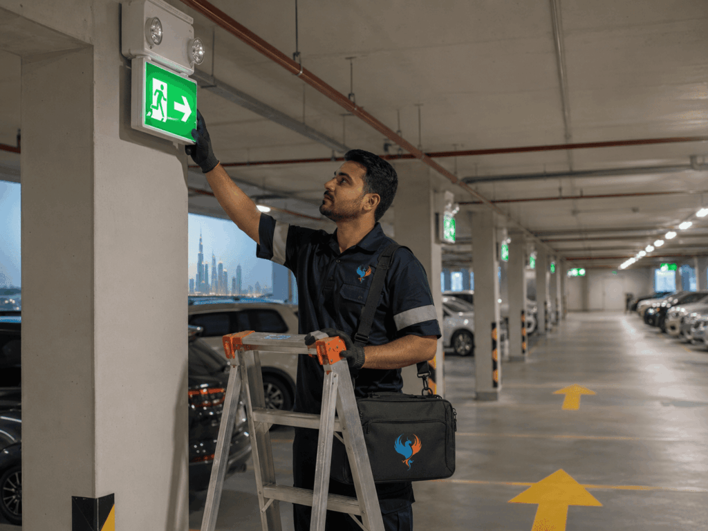 Technician inspecting an emergency exit light in a Dubai parking garage