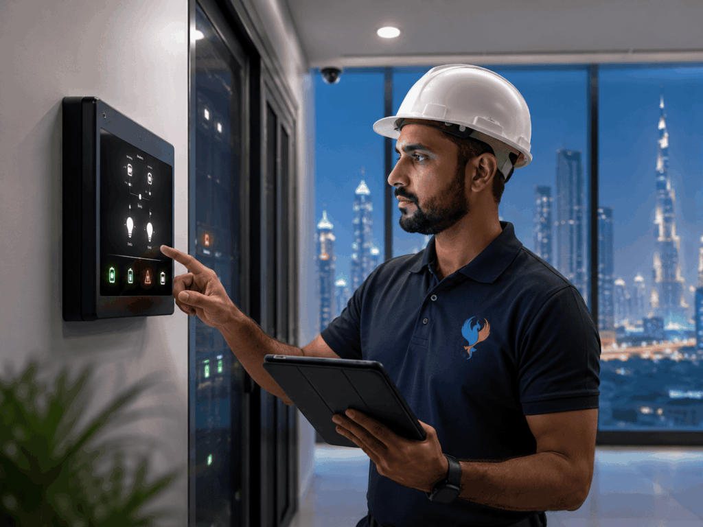 Technician operating a monitored emergency lighting system control panel
