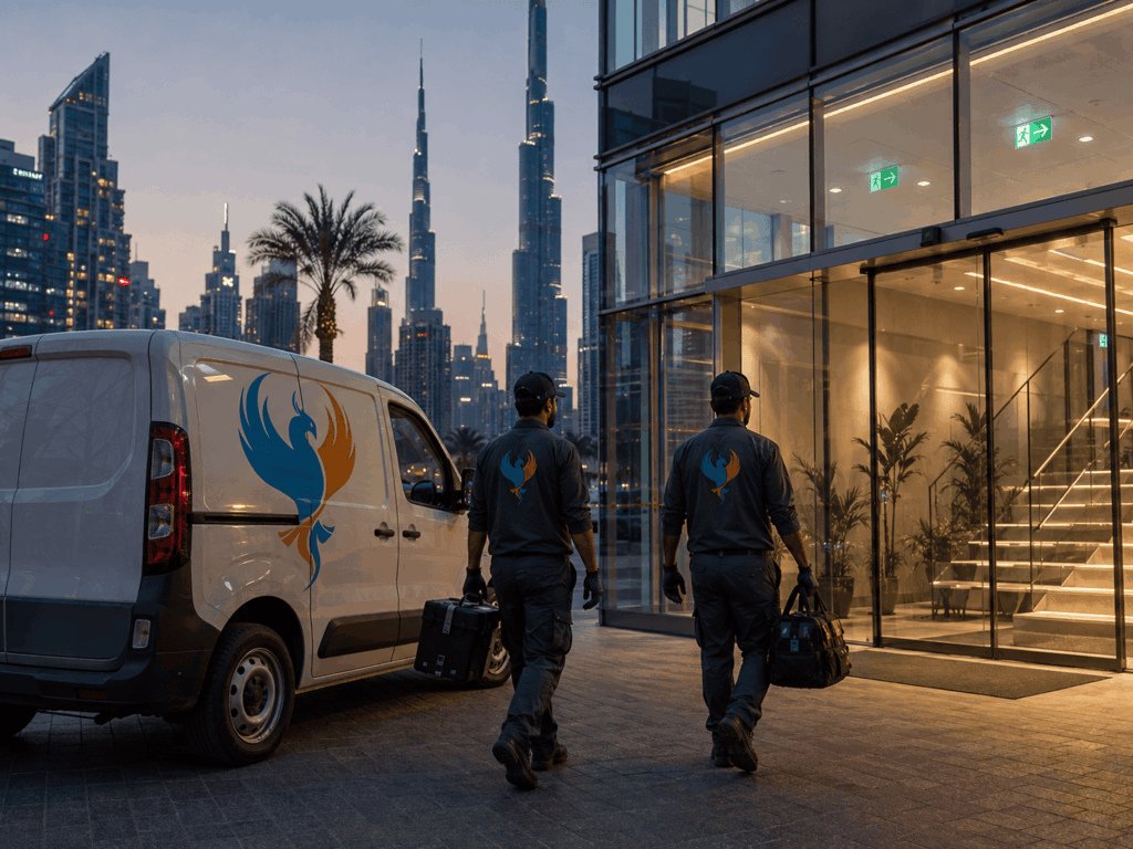 Prime Phoenix technicians arriving for emergency lighting installation in Dubai