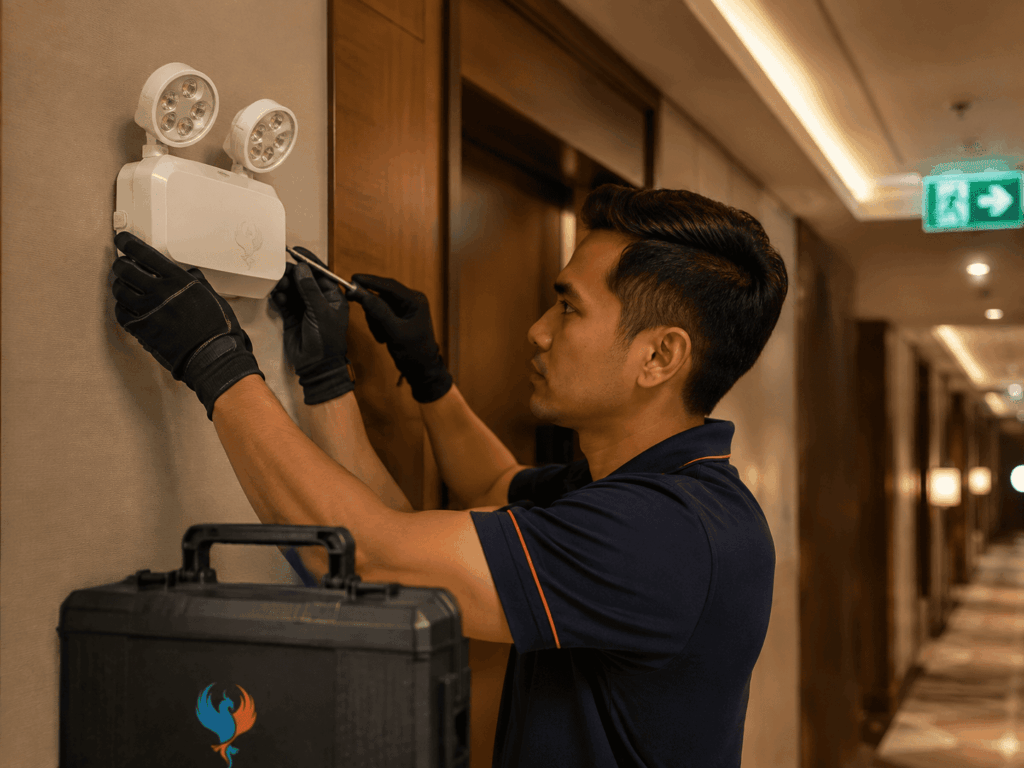 Technician repairing a twin-head emergency light in a hotel corridor